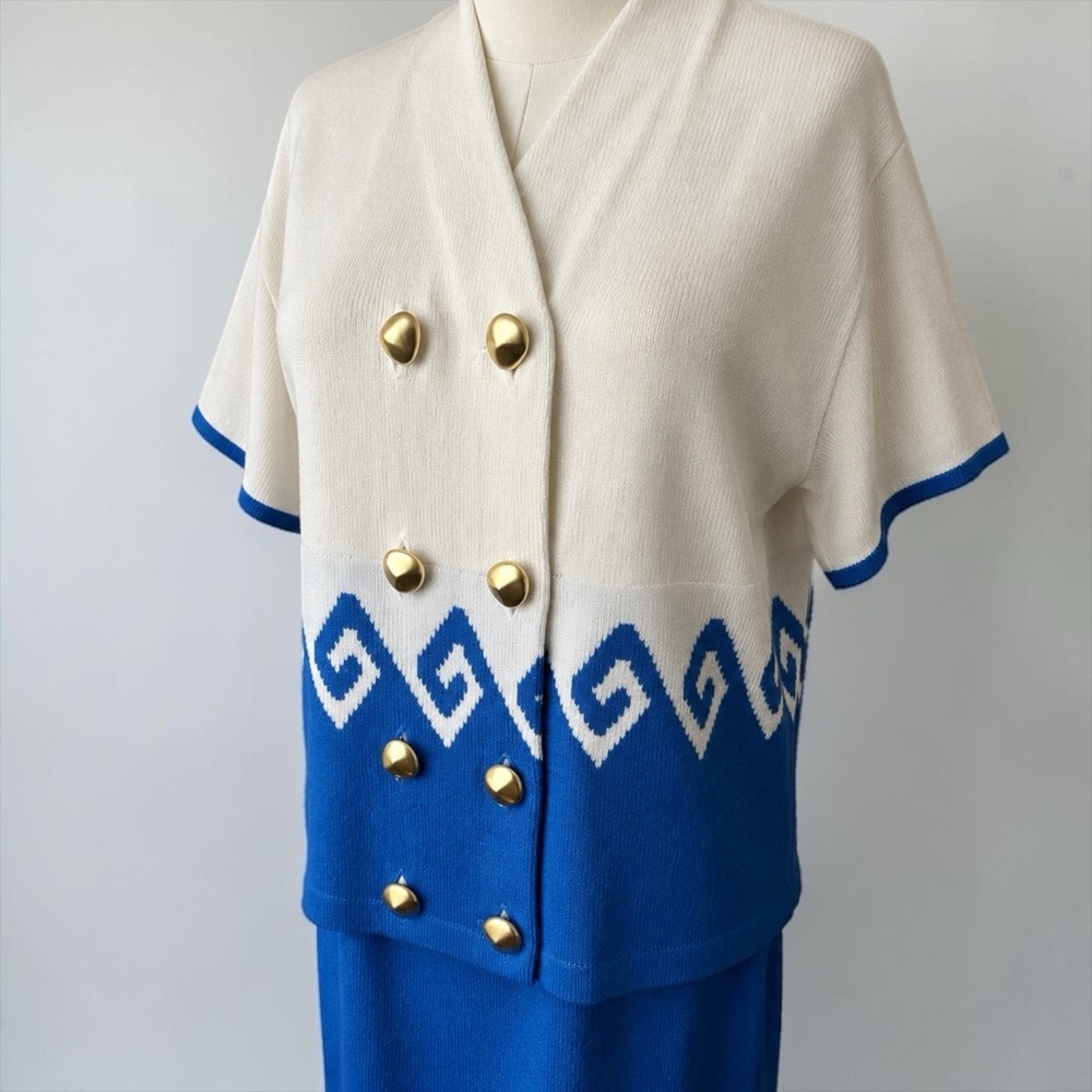 Vintage Blue White Knit Skirt Set Gold Button Geometric Sweater Suit Ami Knit 14